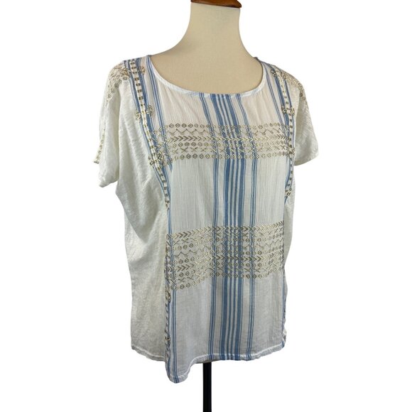 J.Crew Tops - J.Crew Blue White Striped Linen Cotton Top Womens S Gold Embroidery Boxy